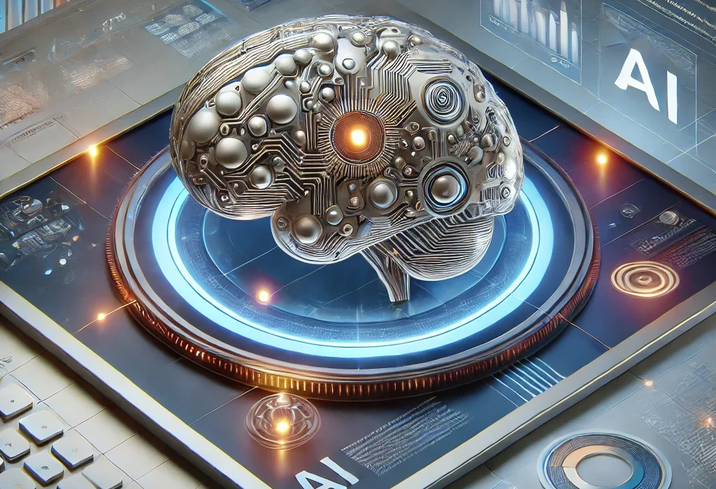 DALL·E 2025 03 24 16.58.13 3D illustration of artificial intelligence integrating into a modern website interface. Futuristic design soft lighting and a digital brain or AI ch 1