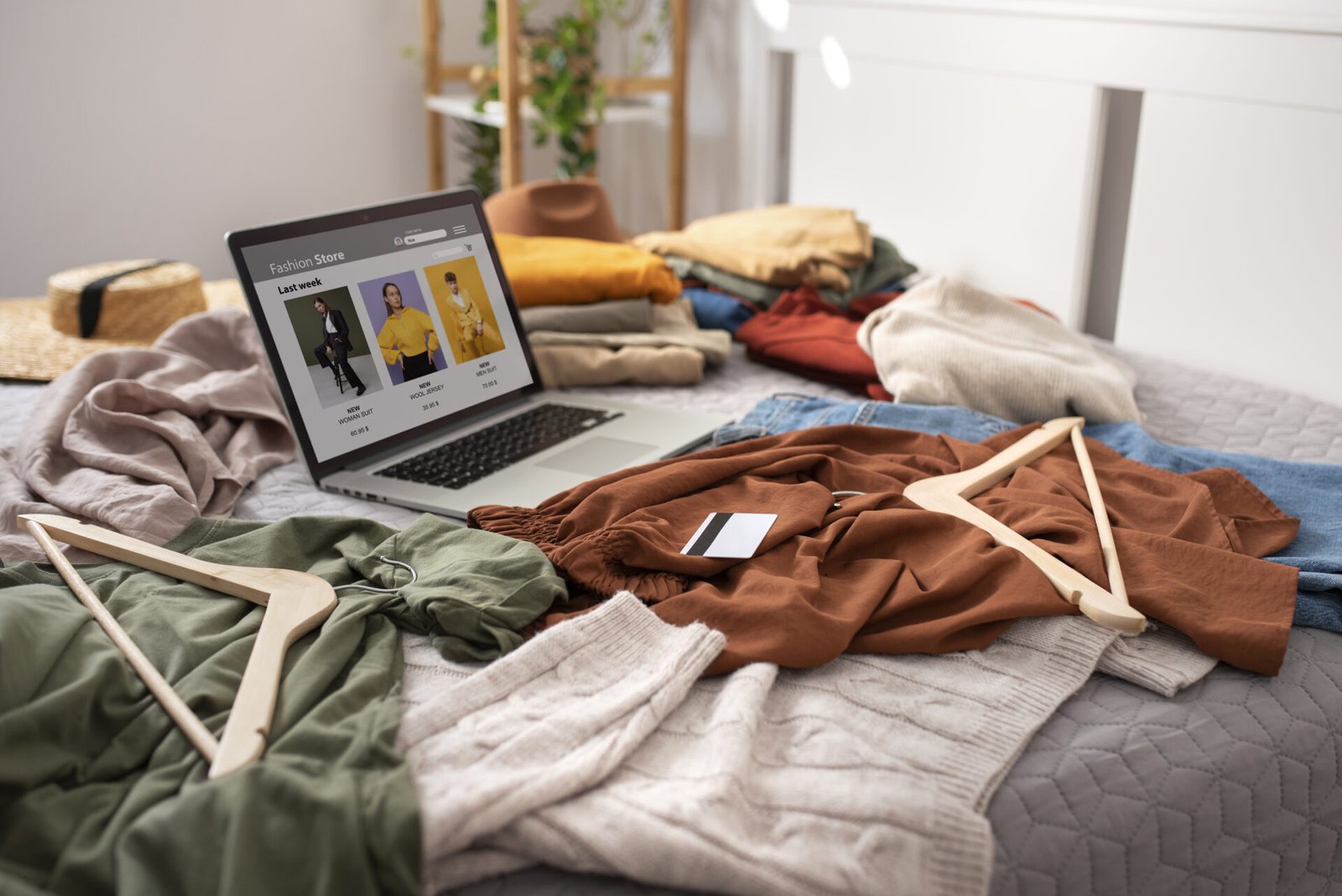 Diseño de Tiendas Online 4 arreglo de ropa de alto angulo y computadora portatil en la cama