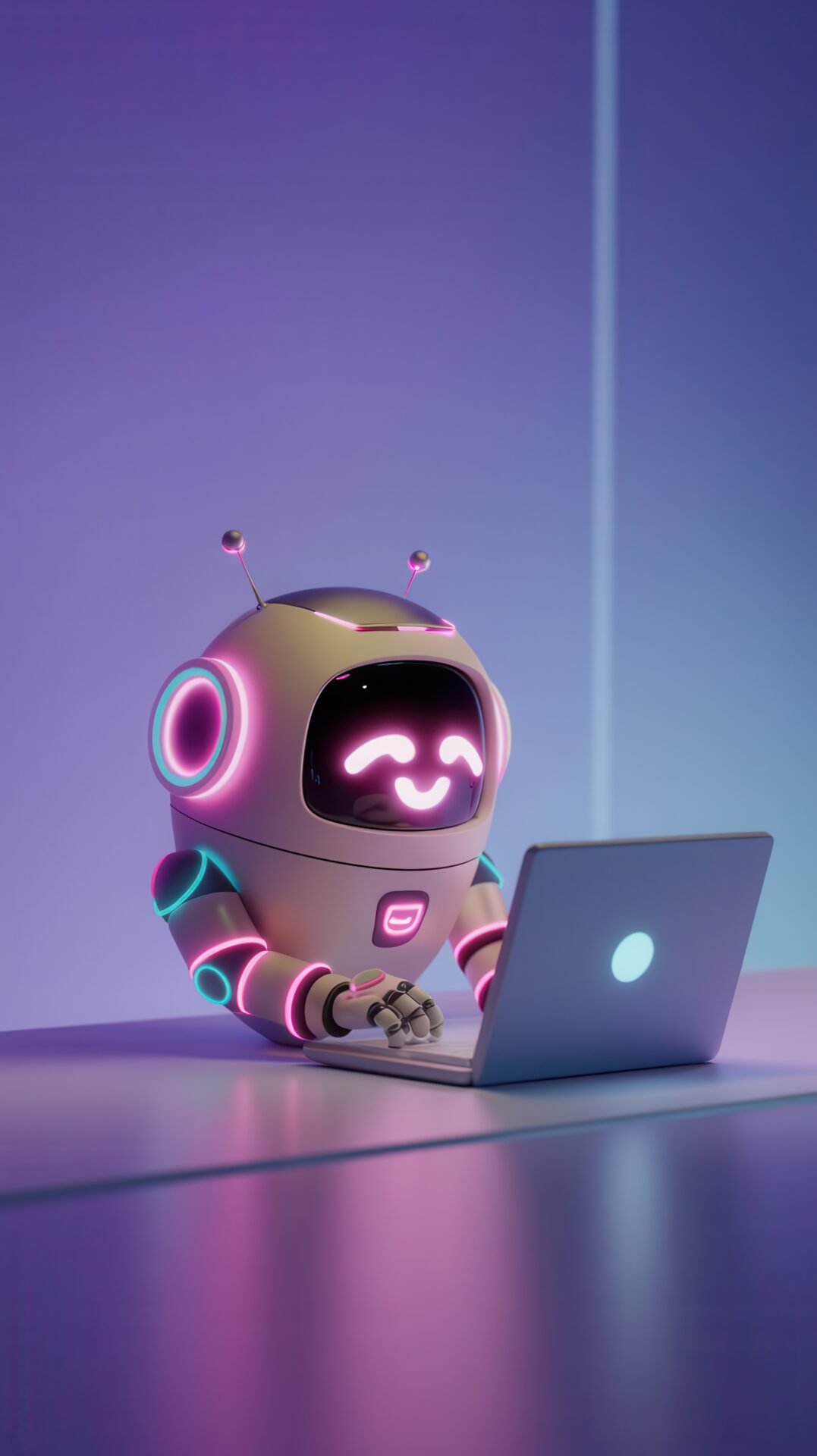 Desarrollo de Automatizaciones Inteligentes para Empresas en Argentina 13 el lindo robot de cara rosada usando una computadora portatil en un entorno purpura futurista