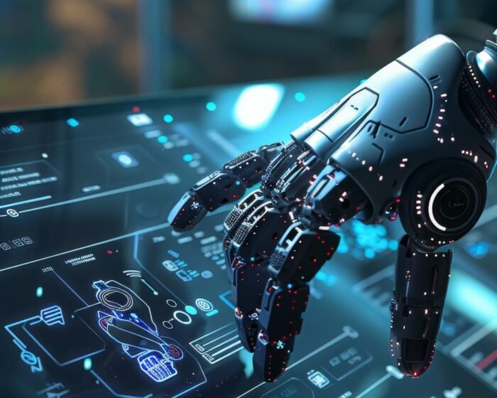 10 Ejemplos de Automatizaciones con Inteligencia Artificial que toda empresa argentina debería implementar 3 la mano del robot interactuando con una pantalla de interfaz virtual controlando brazos automatizados una fabrica inteligente