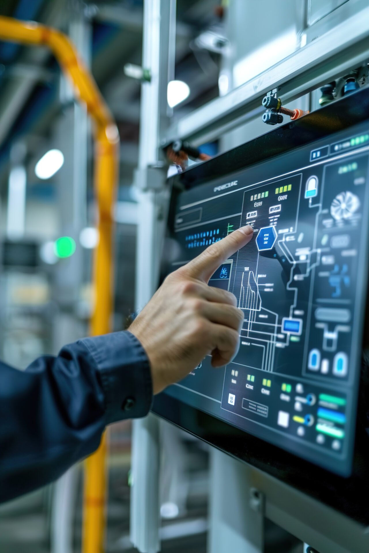 el gerente de la instalacion supervisa los controles inteligentes del edificio en la pantalla tactil optimizando la climatizacion y la iluminacion