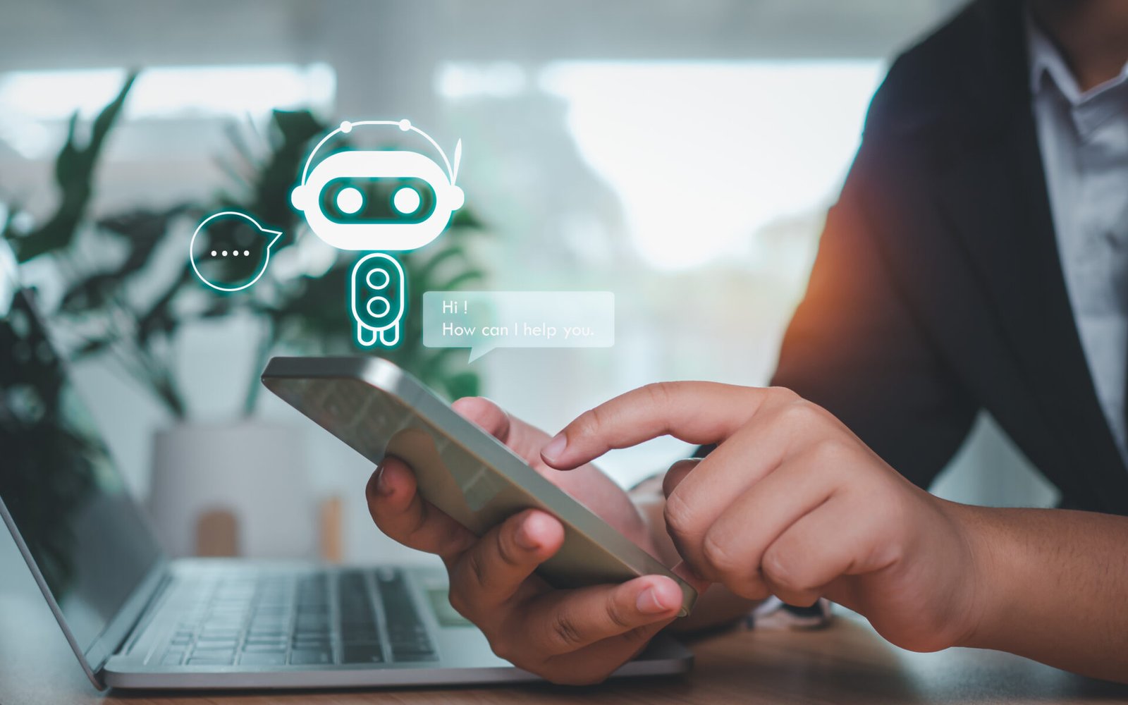 empresario uso de la mano mostrar un telefono inteligente para escribir chat en vivo pedir respuesta con un sistema de inteligencia artificial chatbot ai asistente