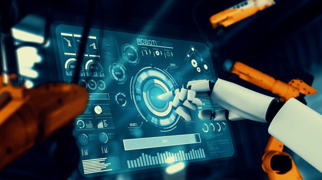 robot industrial cibernetico y brazos roboticos para montaje en produccion en fabrica