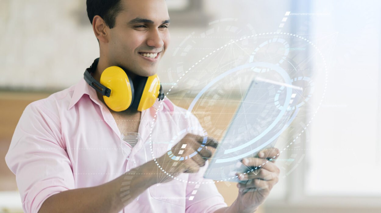 smart carpintero indio contratista felicidad mano sostener la tableta en la construccion del sitio muestra el concepto de ideas de mejora de la pantalla de inicio inteligente virtual