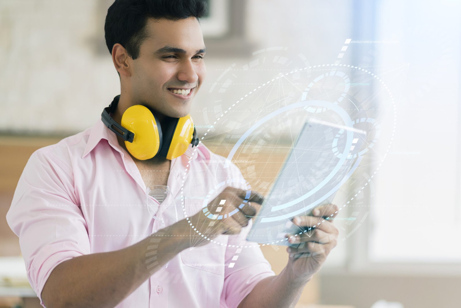 smart carpintero indio contratista felicidad mano sostener la tableta en la construccion del sitio muestra el concepto de ideas de mejora de la pantalla de inicio inteligente virtual