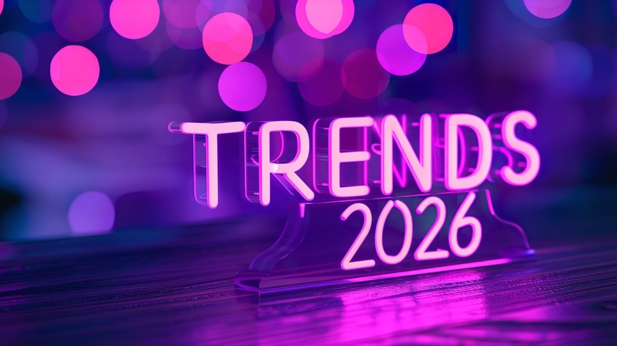 2026 technology trends with glowing neon bokeh light background growing purple neon light text trends 2026 dark surface generative ai