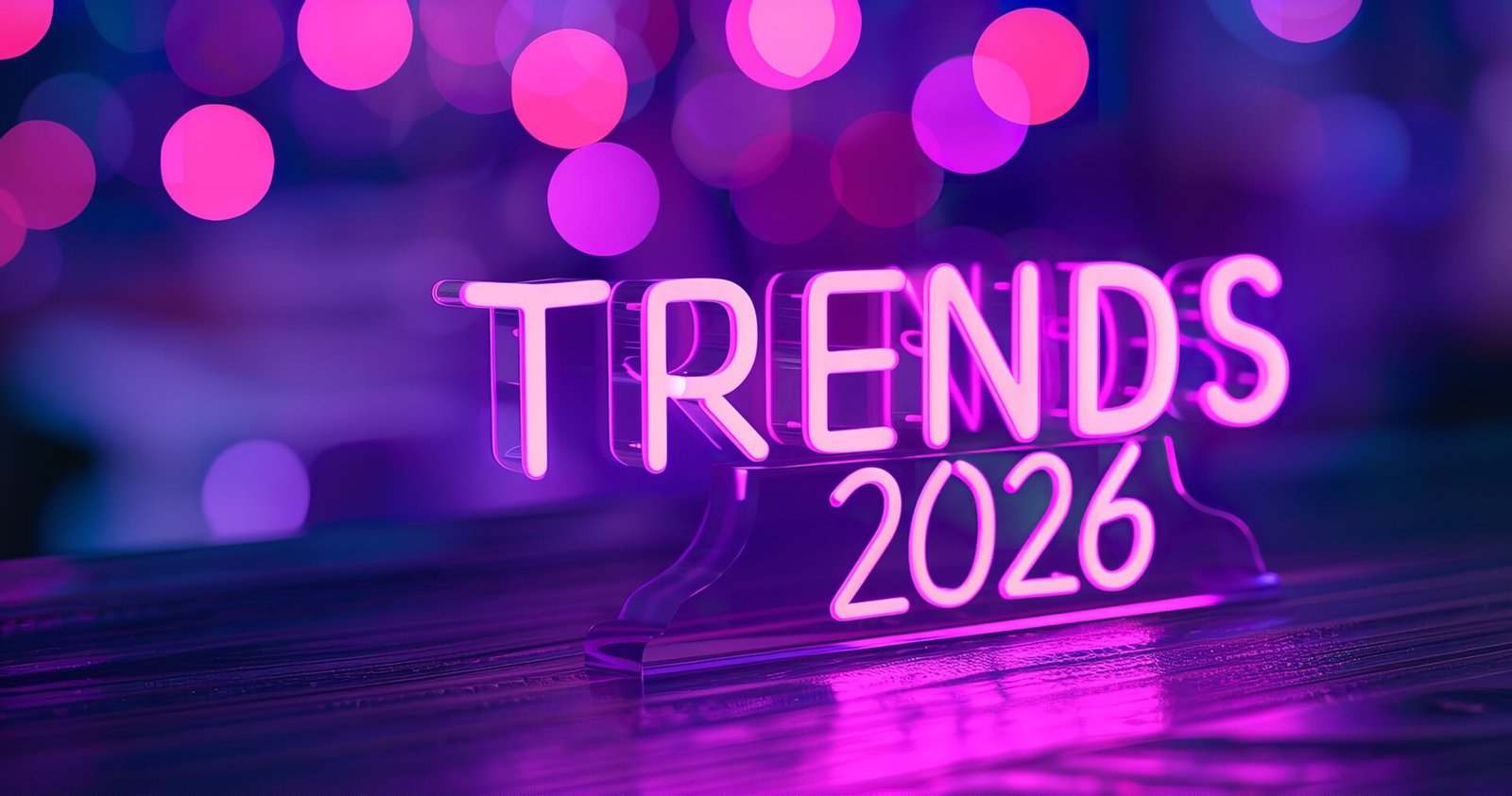 2026 technology trends with glowing neon bokeh light background growing purple neon light text trends 2026 dark surface generative ai