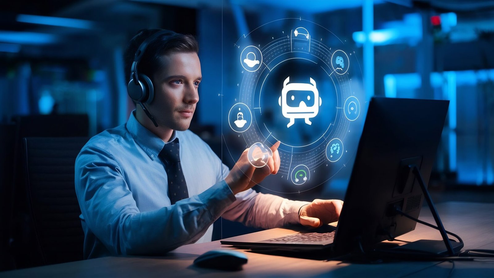 artificial intelligence customer service concept businessman using computer with chatbot interface