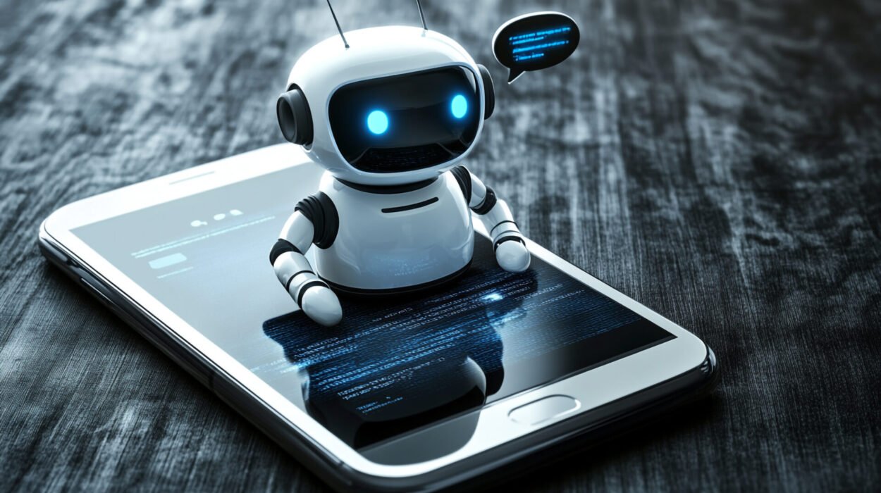 cute robot using smartphone displaying code digital assistant concept