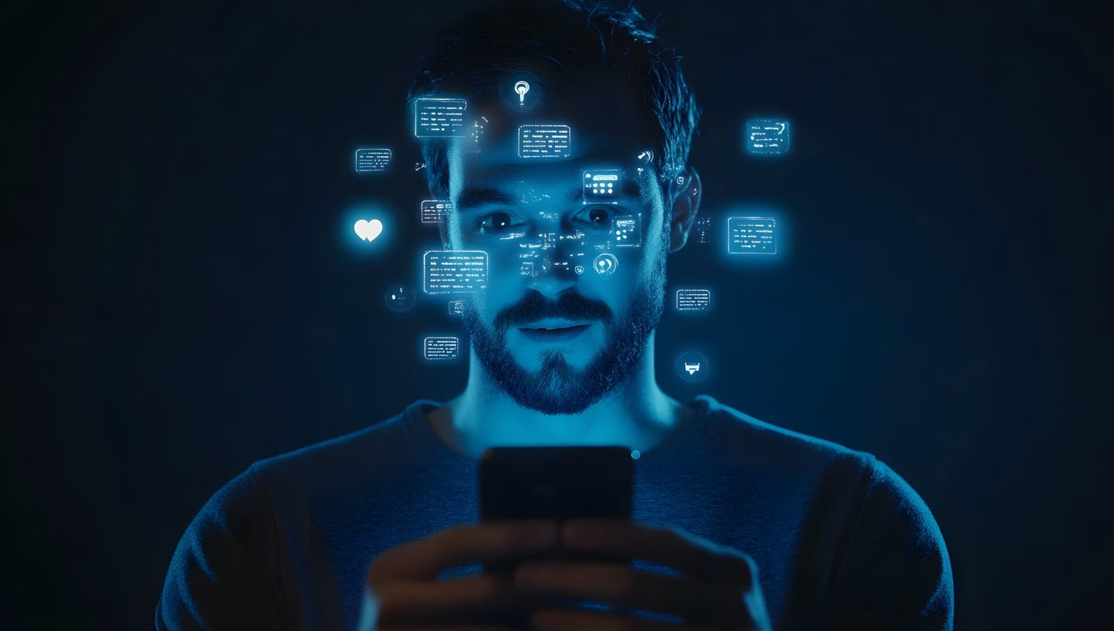 man engaging with digital information smartphone immersive technology social media