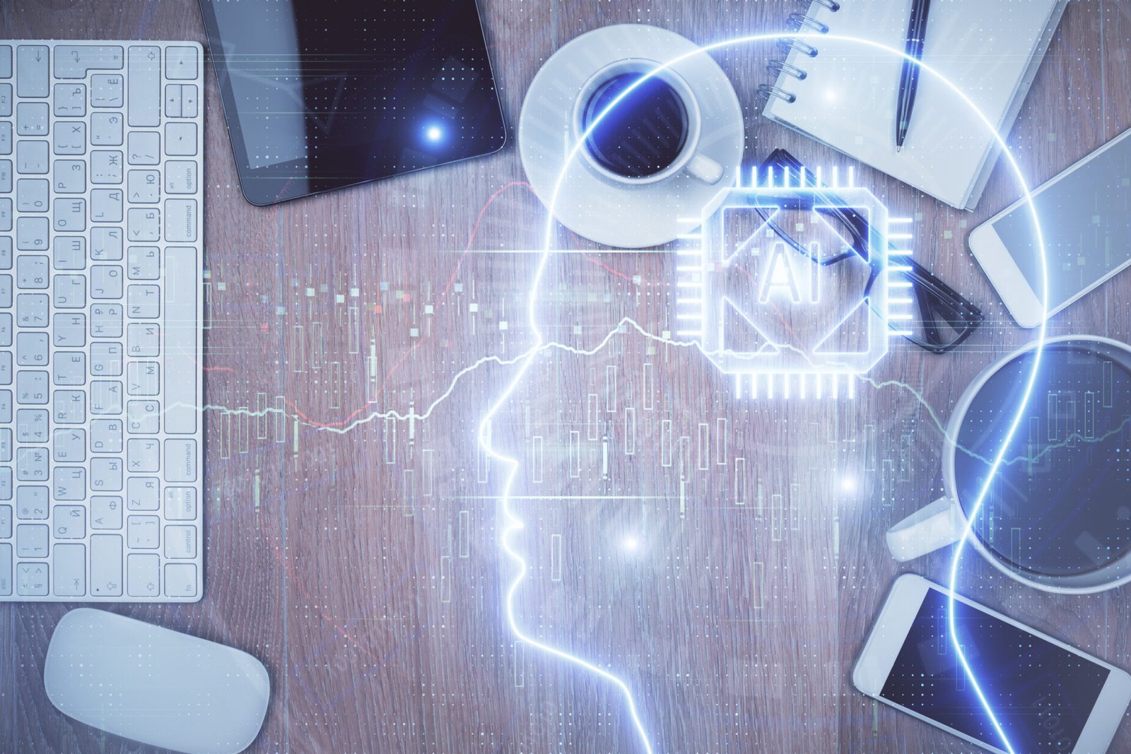 multi exposure brain drawing work table desktop top view global data analysis concept