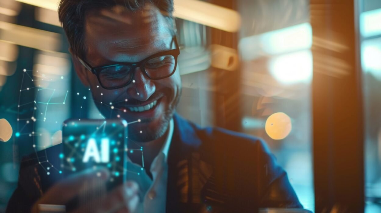 smiling executive business man using ai his daily tasks