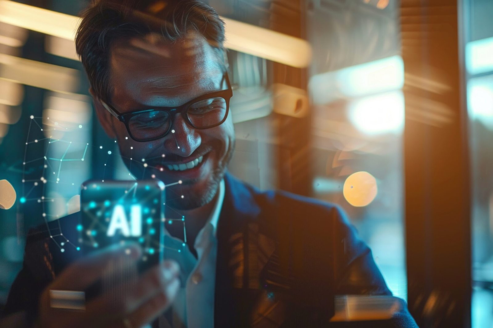 smiling executive business man using ai his daily tasks
