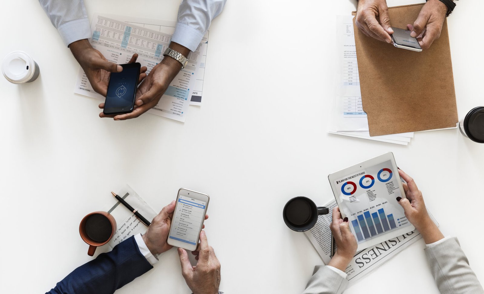 business people using digital devices isolated white background