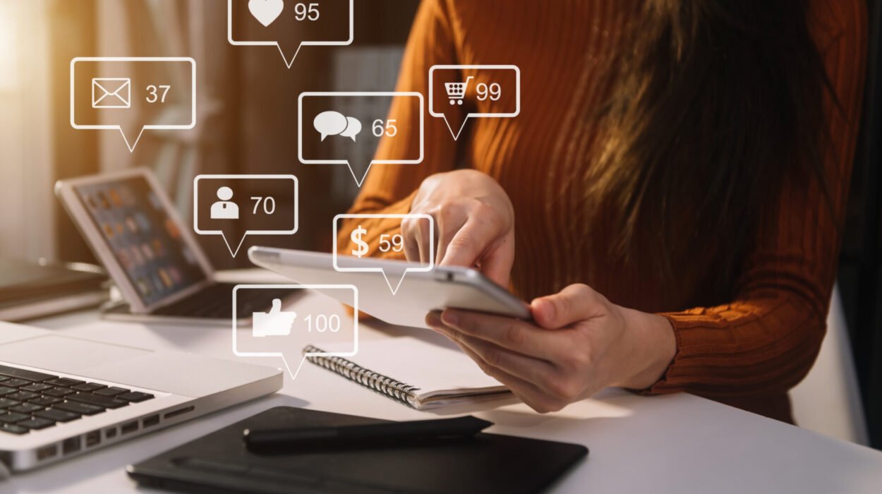 social media marketing virtual icons screen conceptclose up businesswoman typing keyboard with laptop