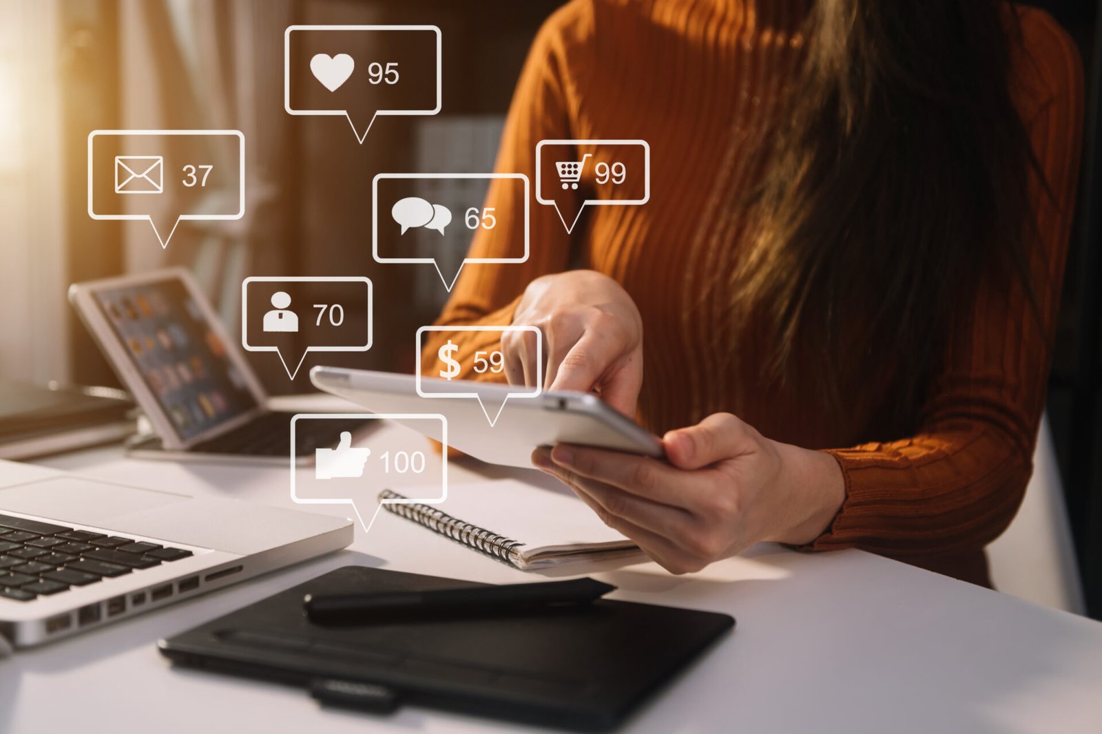 social media marketing virtual icons screen conceptclose up businesswoman typing keyboard with laptop