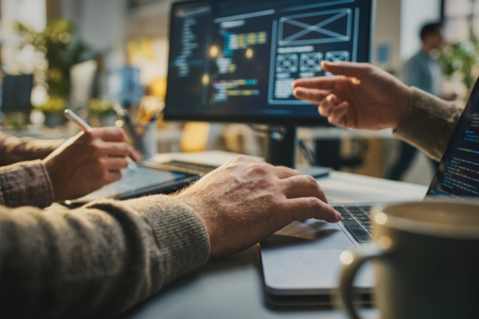 software developers collaborating code modern office
